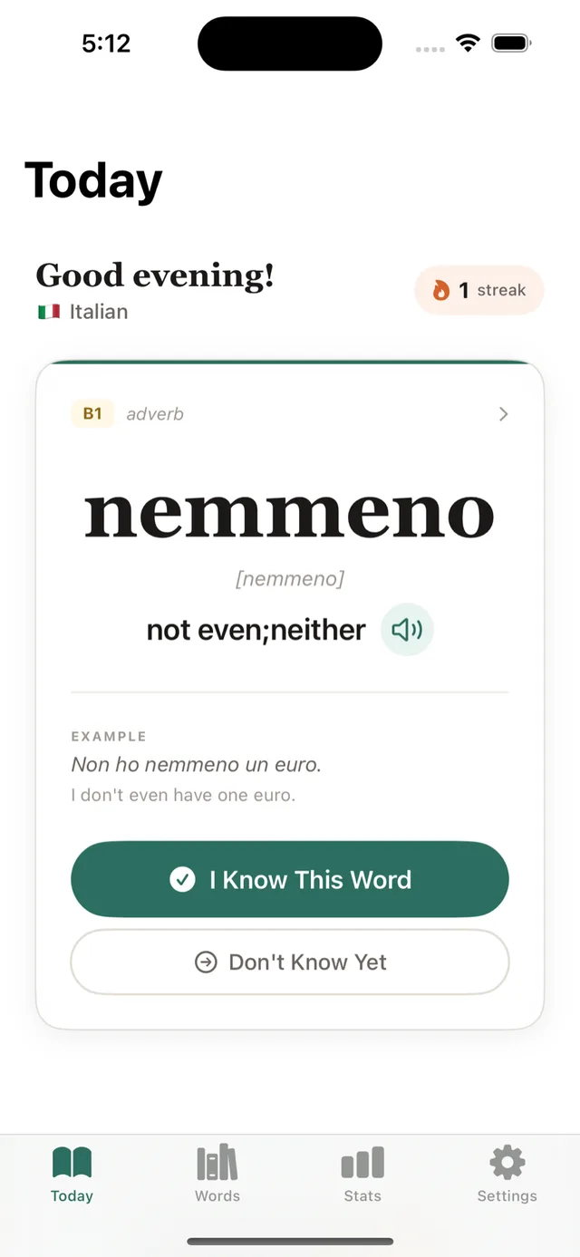 LinguistWidget on iPhone: the Today screen with the Italian word nemmeno, its translation and an example sentence