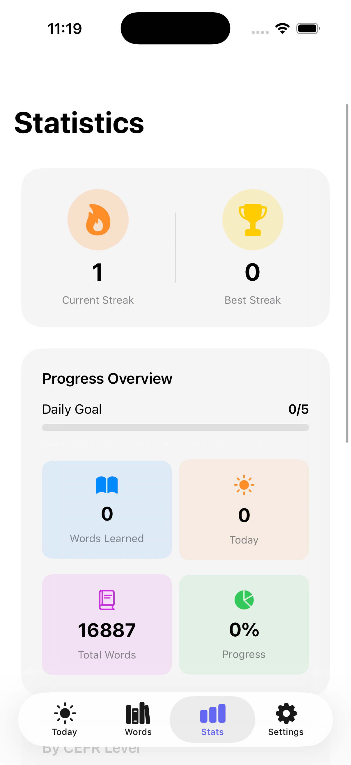 LinguistWidget Statistics Screen