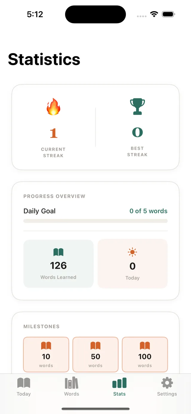 LinguistWidget on iPhone: statistics with streak, words learned and weekly activity
