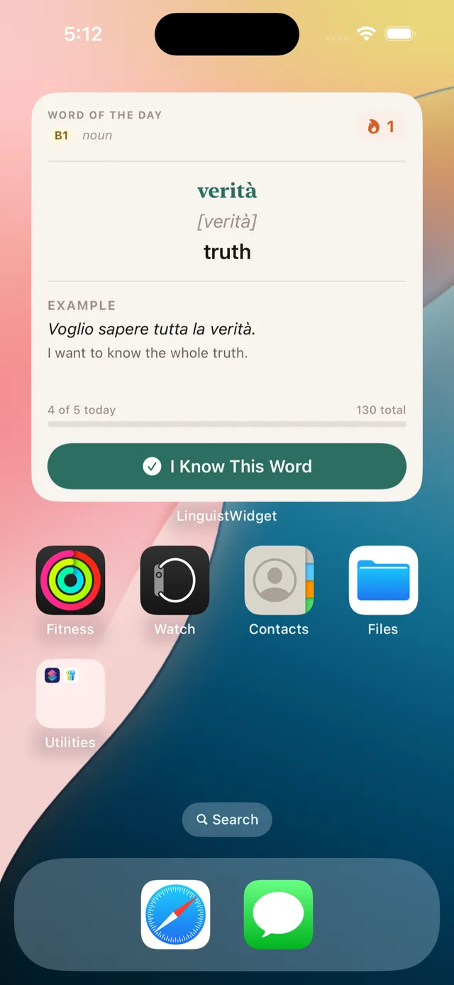 LinguistWidget word of the day widgets on an iPhone home screen