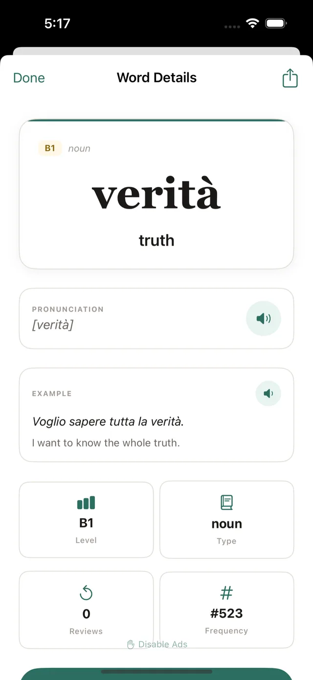 LinguistWidget on iPhone: word detail with pronunciation, translation and examples