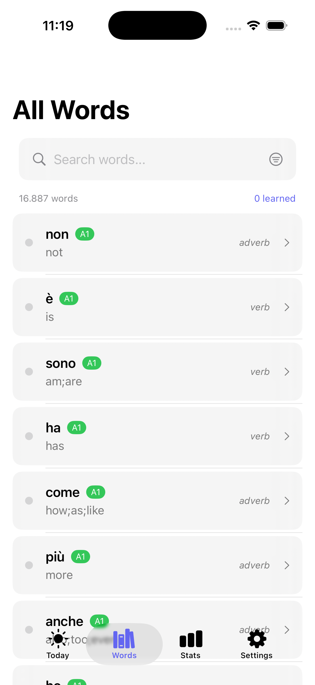 LinguistWidget iOS - Word List