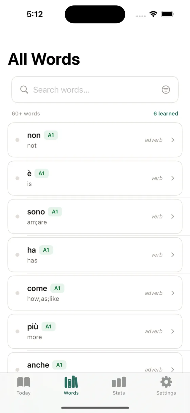 LinguistWidget on iPhone: searchable word list filtered by CEFR level